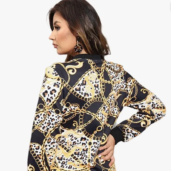 Womens Stand Collar Leopard Coat Long Sleeve Shirt Floral Printed Zip Up Casual